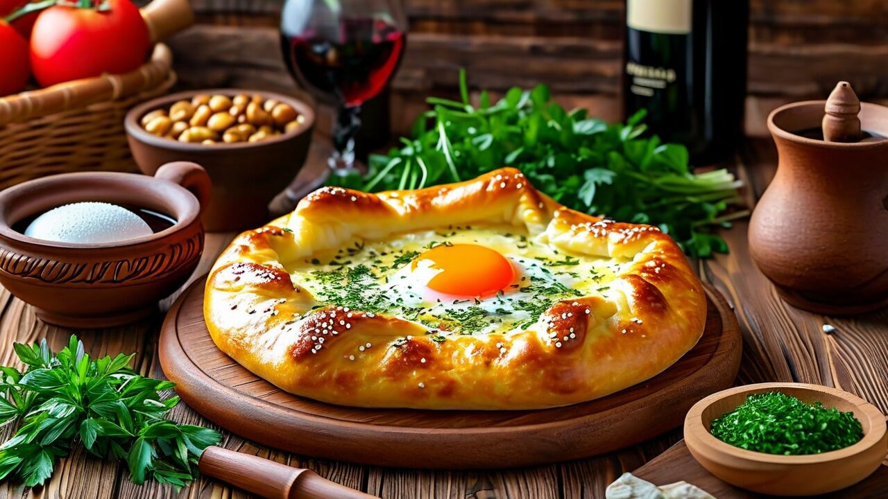 Spread of traditional Georgian dishes including khachapuri and khinkali