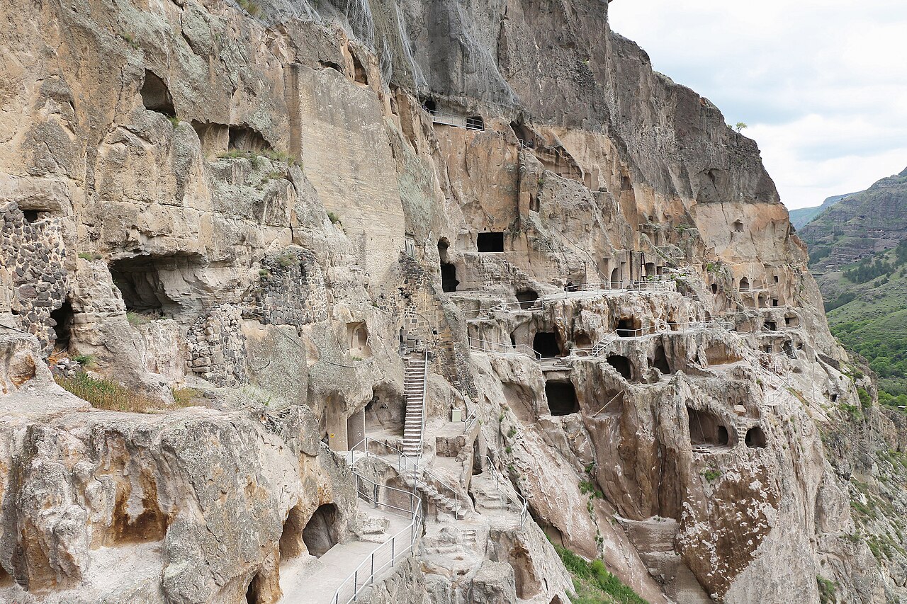 Vardzia cave monastery complex carved into cliff face in southern Georgia