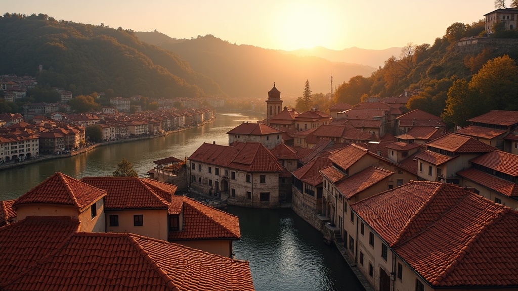 Historic sulfur bath district in Tbilisi with brick domes and Narikala Fortress