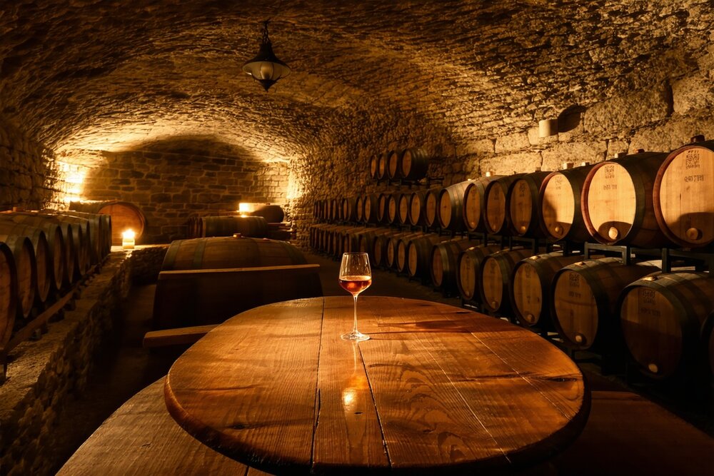 Traditional Georgian qvevri clay wine vessels in a marani cellar in Kakheti