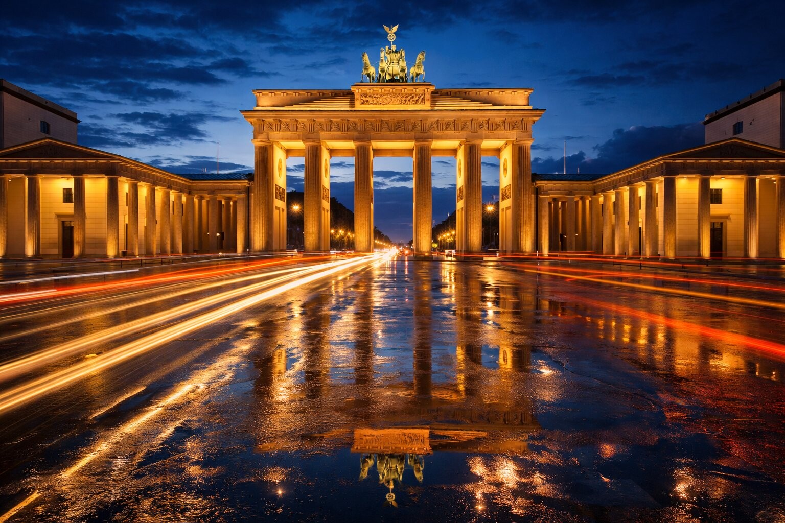 Brandenburg Gate illuminated at dusk, Berlin