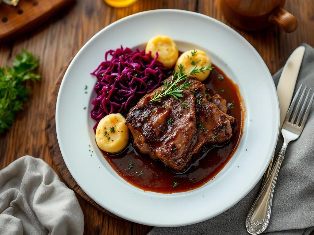 Sauerbraten - German marinated pot roast with red cabbage and dumplings