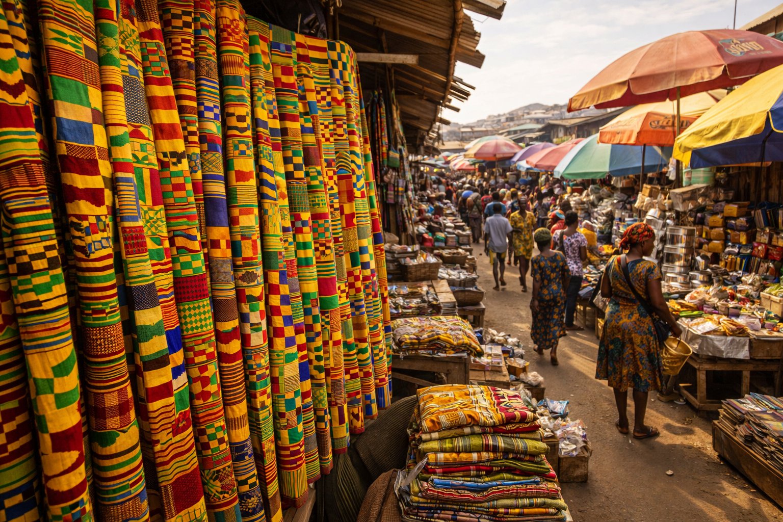 Kejetia Market in Kumasi with colorful kente cloth