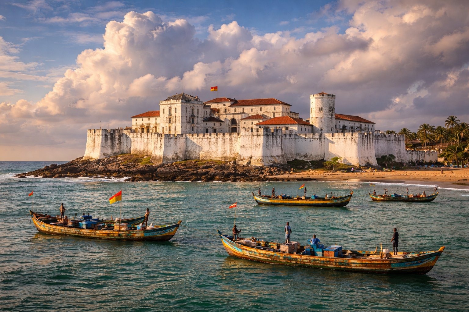 Elmina Castle with fishing boats