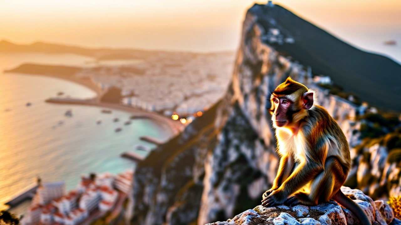 A macaque on the upper Rock of Gibraltar at sunset with the town and bay far below