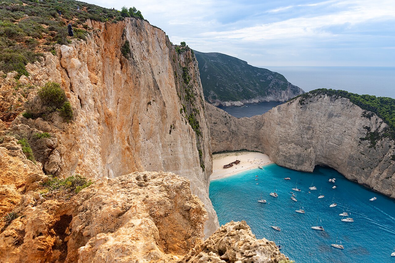 Navagio Beach (Shipwreck Beach) in Zakynthos with turquoise waters and white cliffs