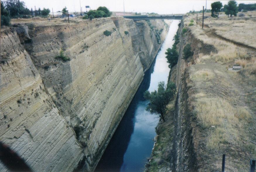 Corinth Canal cutting through solid rock connecting the Aegean and Ionian seas