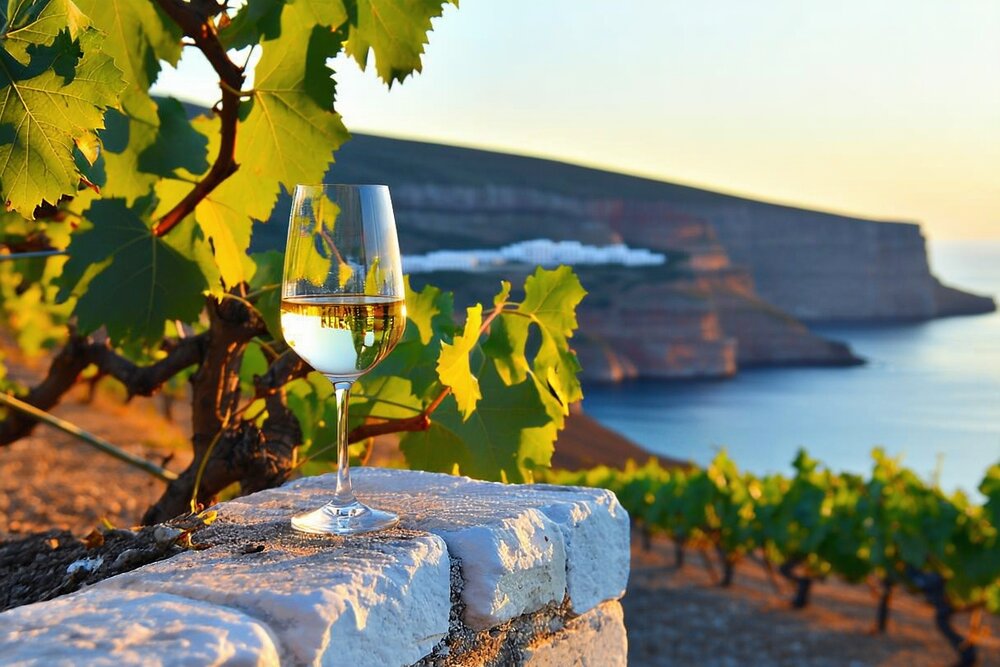A glass of Assyrtiko wine with Santorini caldera and volcanic vineyards
