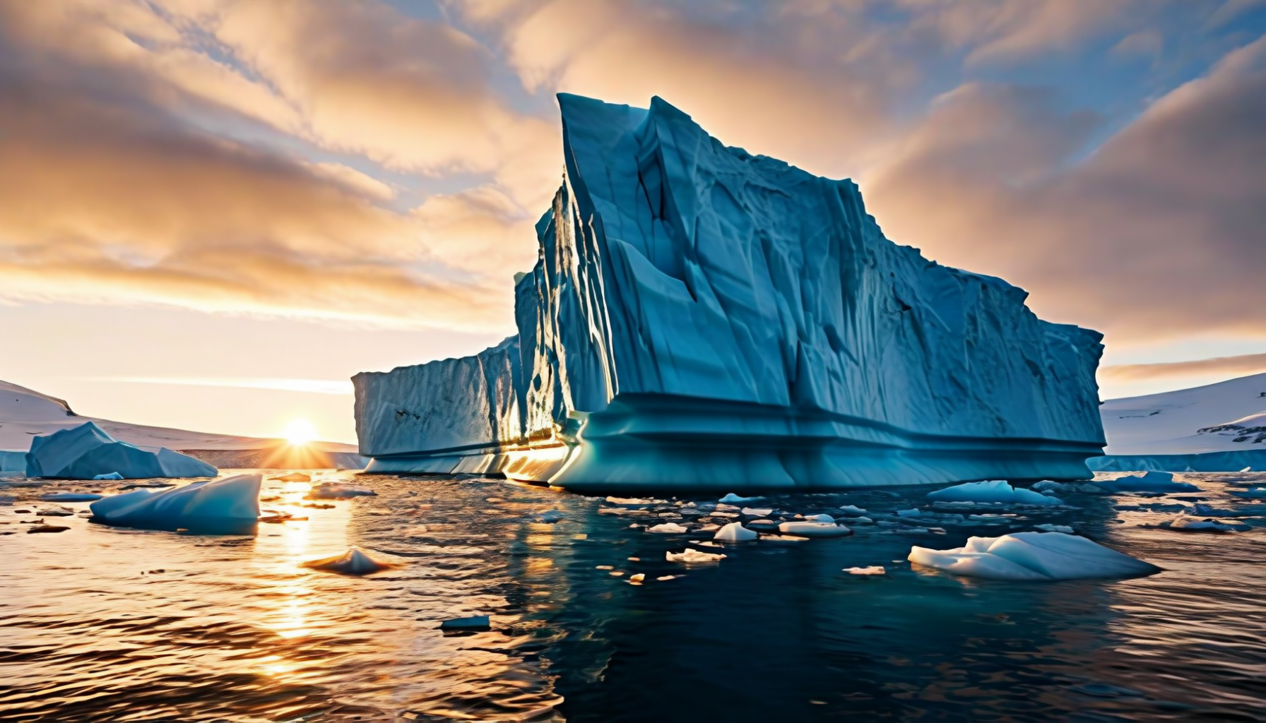 A large tabular iceberg lit by low sun above dark water scattered with floes
