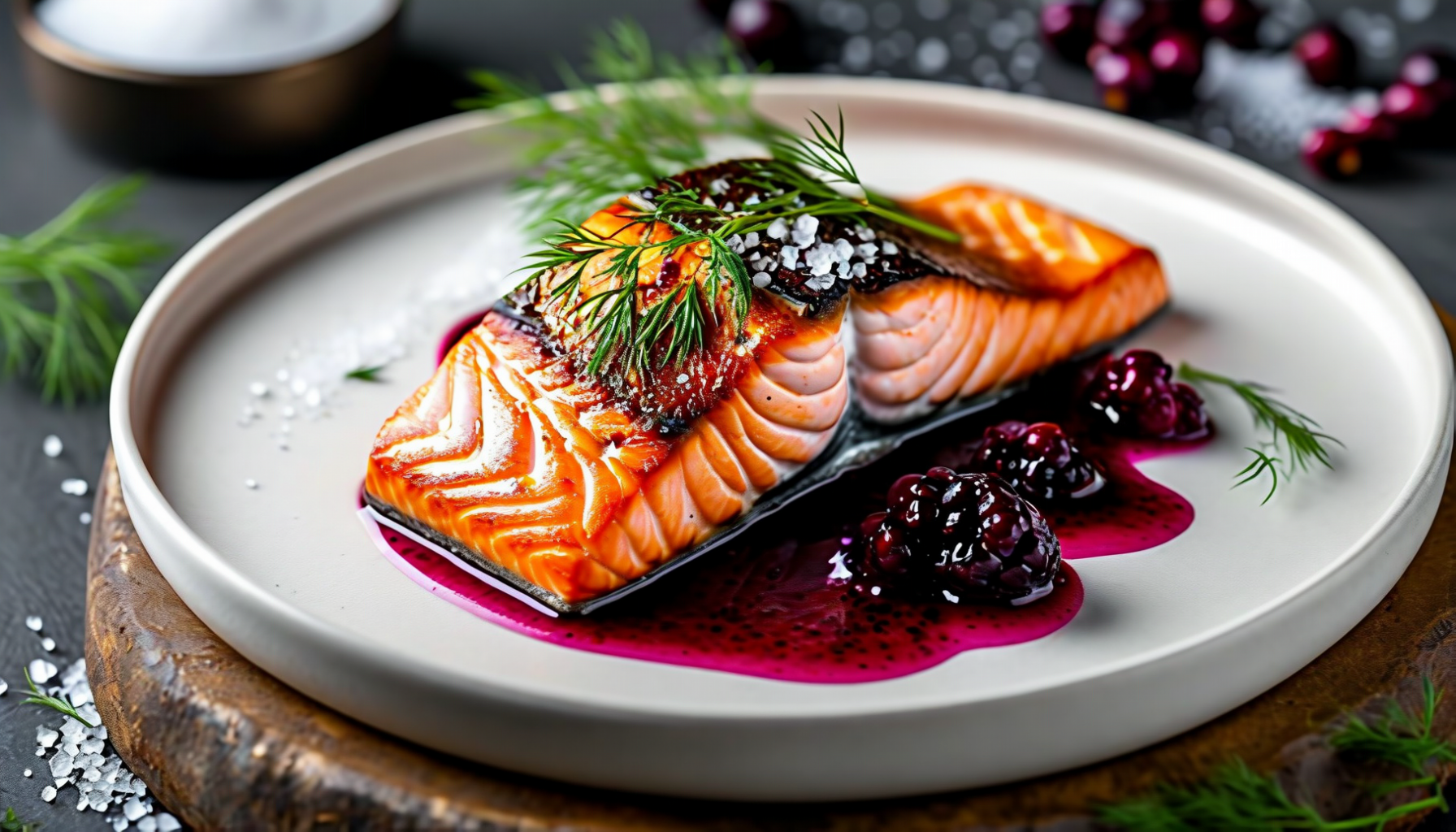 A seared salmonid fillet with dill and coarse salt on a pale plate beside a dark berry sauce