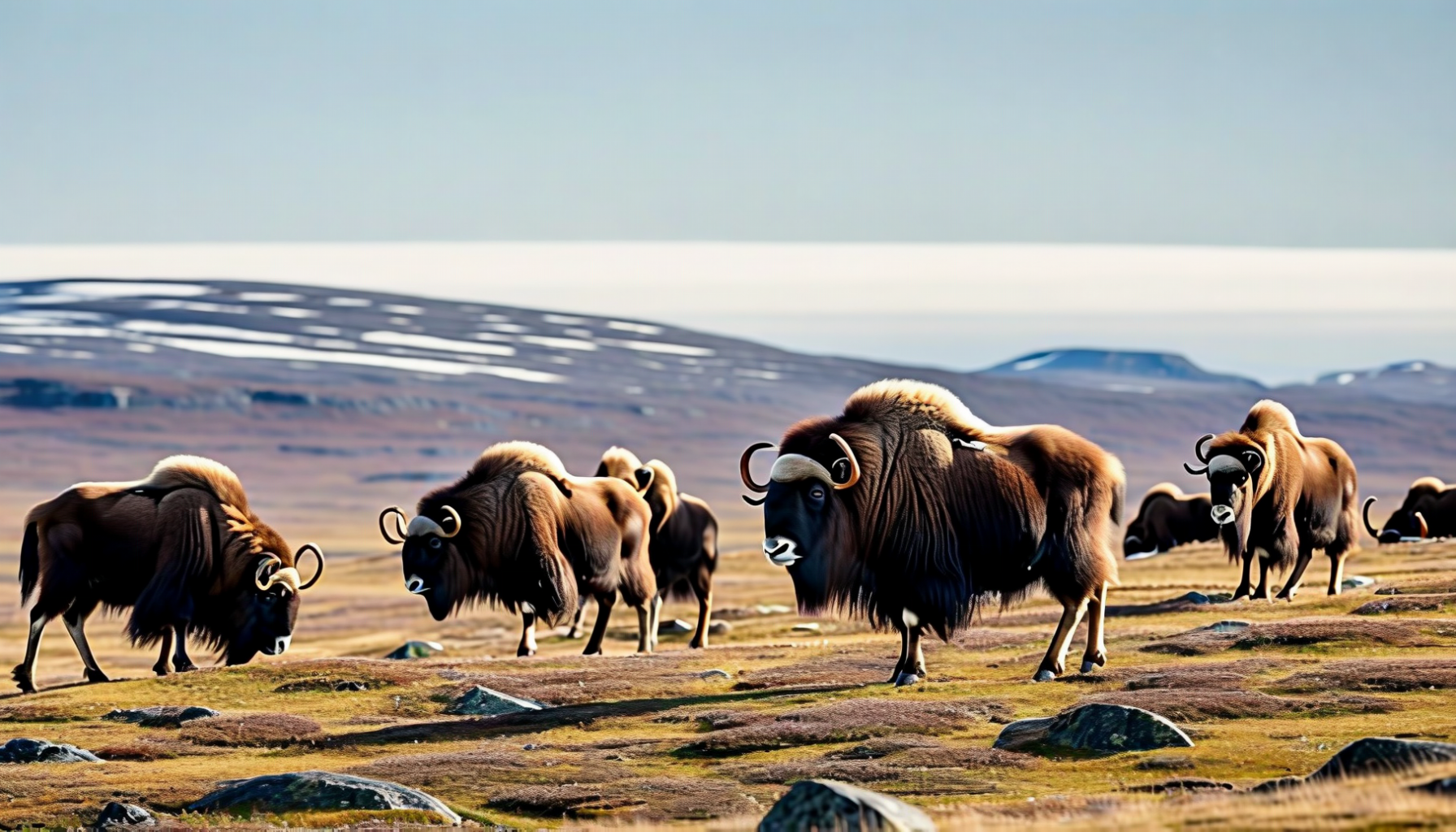 A herd of muskoxen grazing on brown tundra with a snow-covered plateau behind