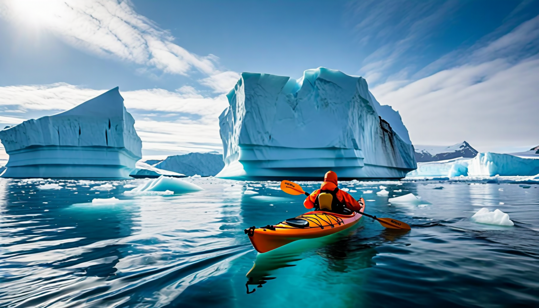 A paddler in a modern sea kayak among large icebergs under a blue sky