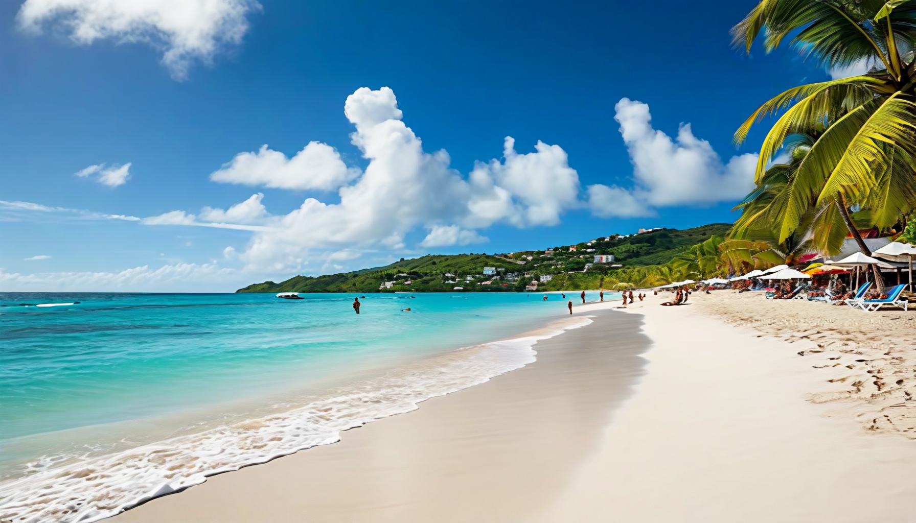 A long white sand beach curving toward green hills, with turquoise shallows and palms