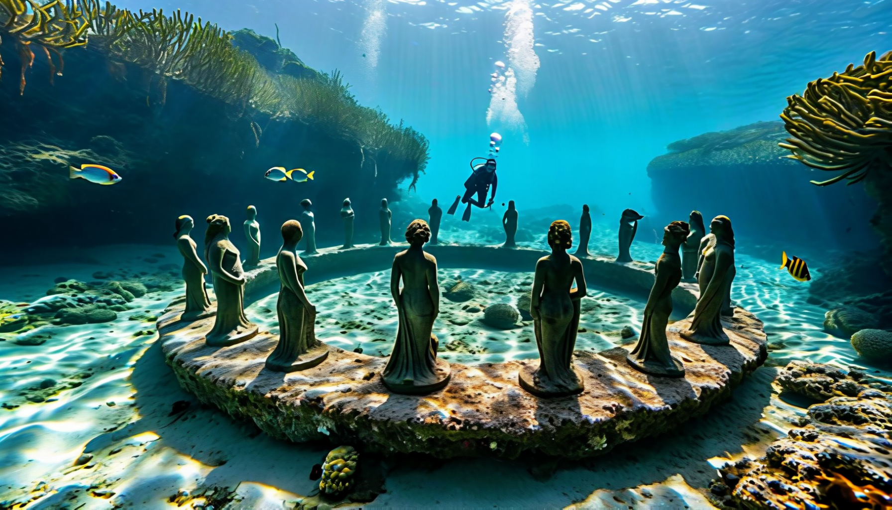 Pale standing figures arranged on a circular submerged platform in clear blue water with a diver above