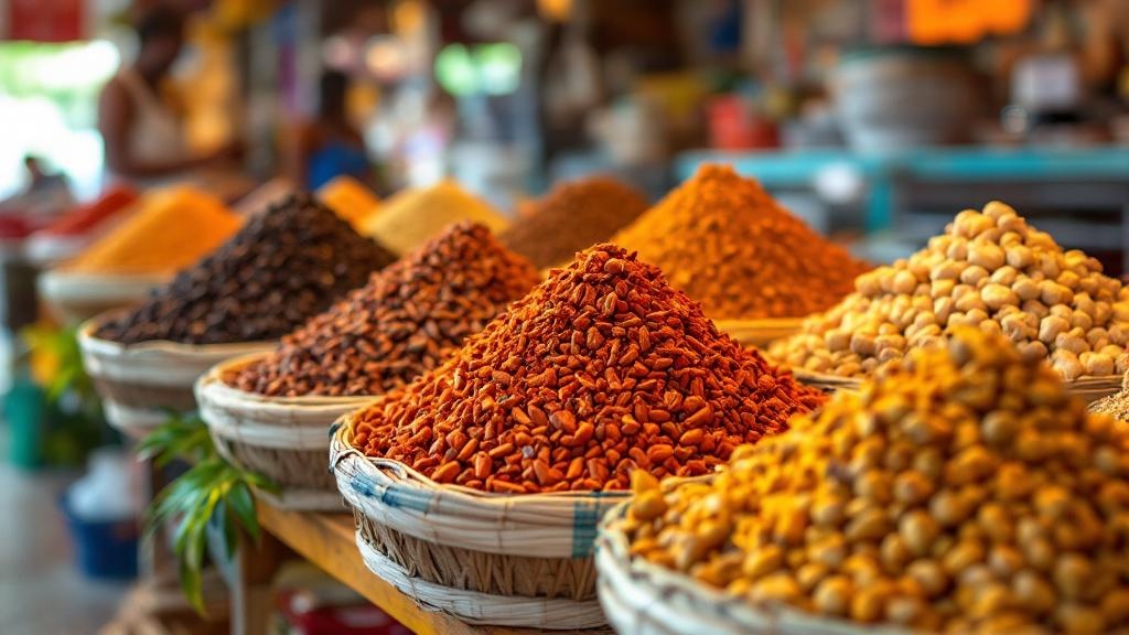 Colorful spice market display in Grenada