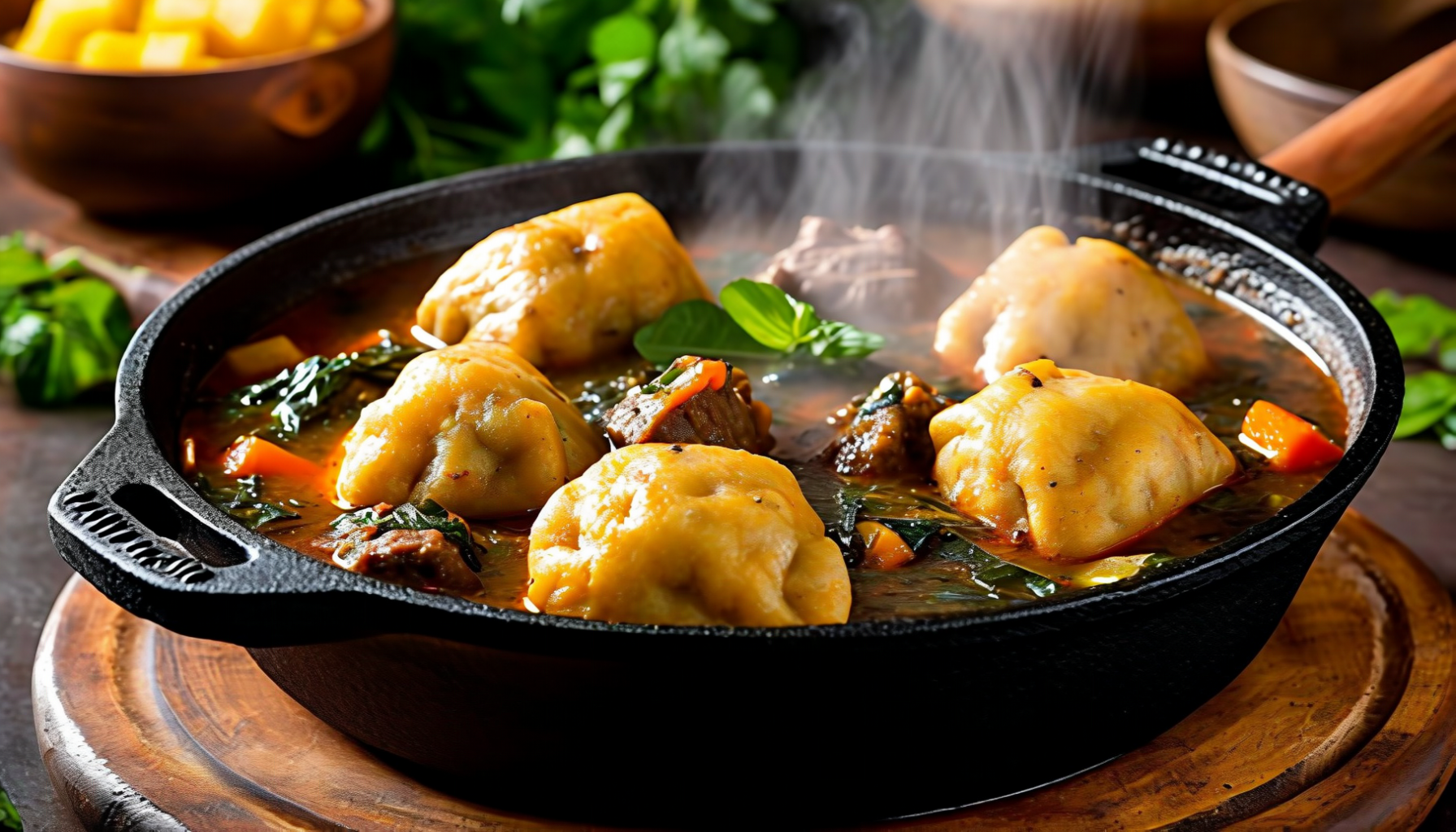 A black cast-iron pot of dumplings, greens and meat in a thin broth, steaming