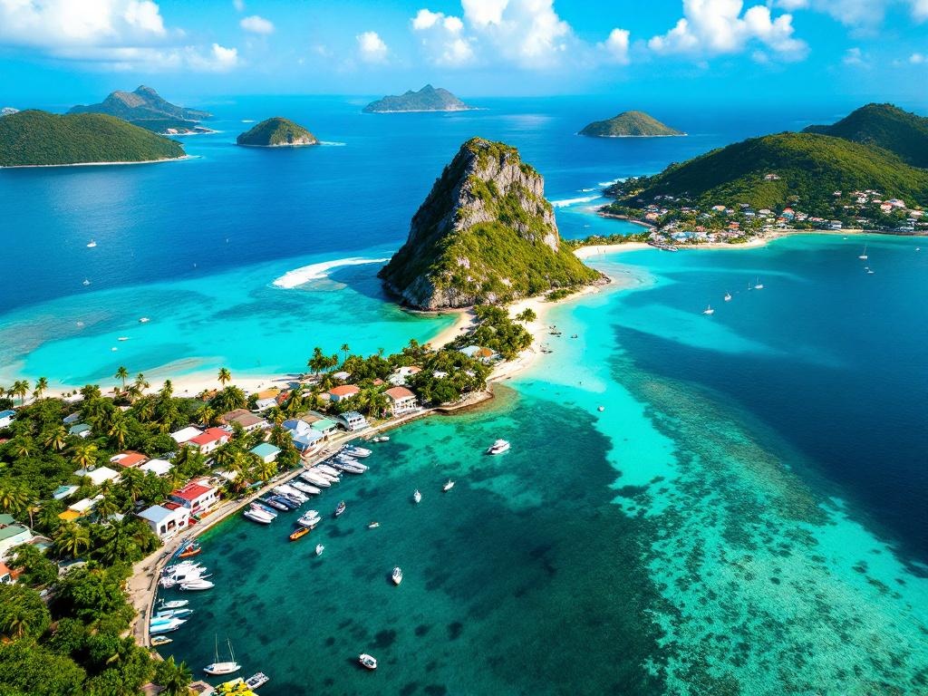 Les Saintes bay with Pain de Sucre and colorful fishing boats, Guadeloupe