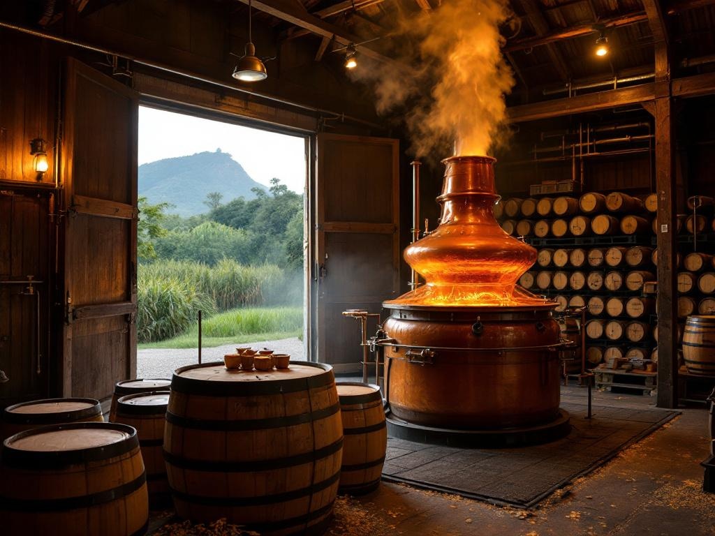 Rhum agricole distillery with copper stills and sugarcane fields in Guadeloupe
