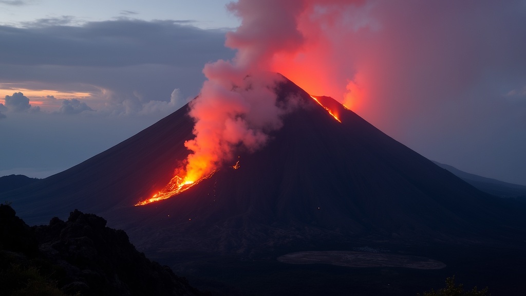 A dark volcanic cone at dusk with glowing lava on its flank and an ash plume lit red from below
