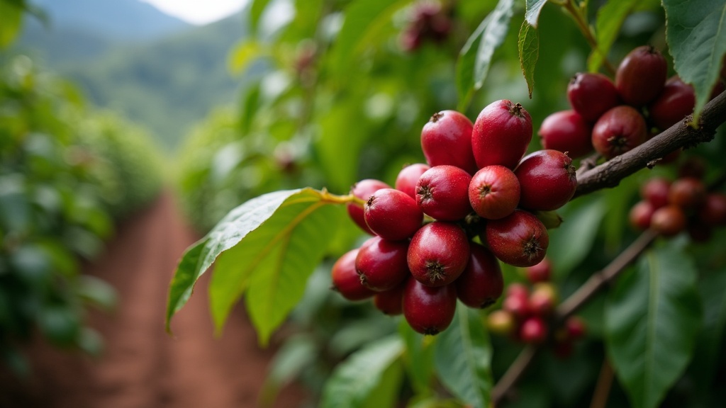 Ripe red coffee cherries on the branch with rows of coffee bushes on a hillside behind