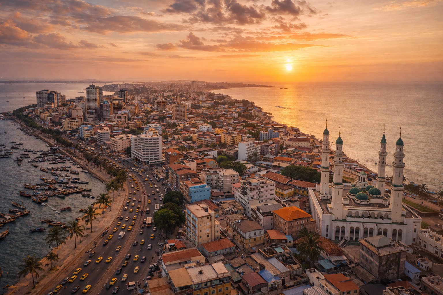Conakry peninsula at sunset with Grande Mosquée minarets