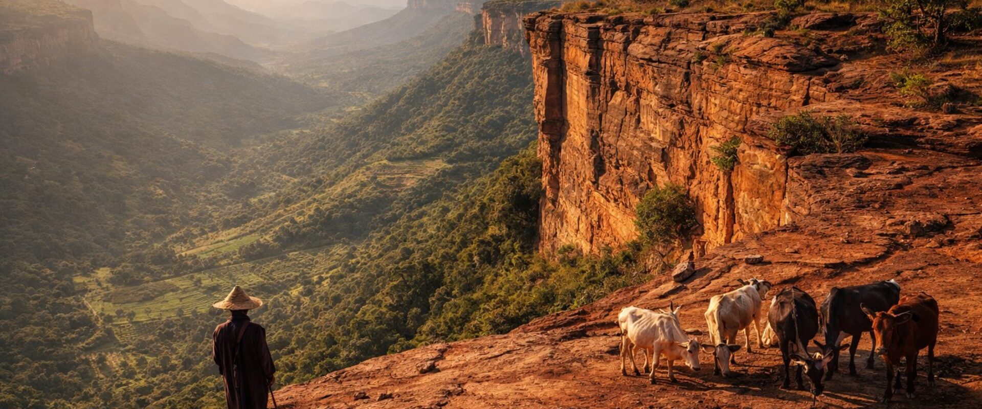 Fouta Djallon plateau escarpment with Fula herder and cattle