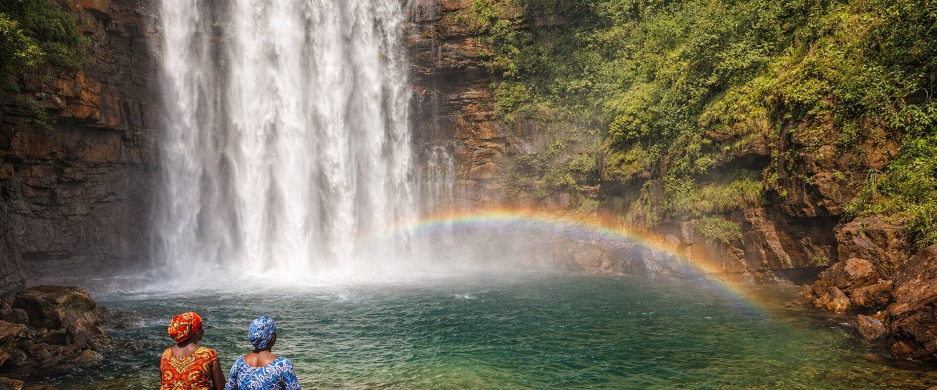 Ditinn waterfalls with rainbow and two women in boubous