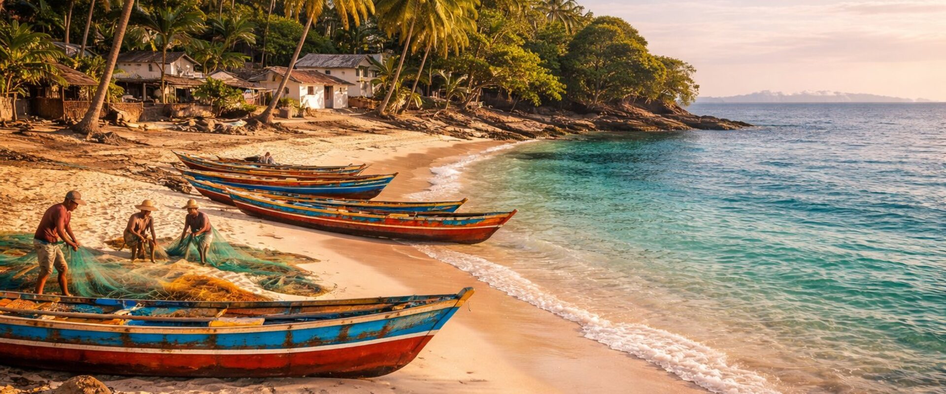 Île de Tamara beach with colorful pirogues and fishing village