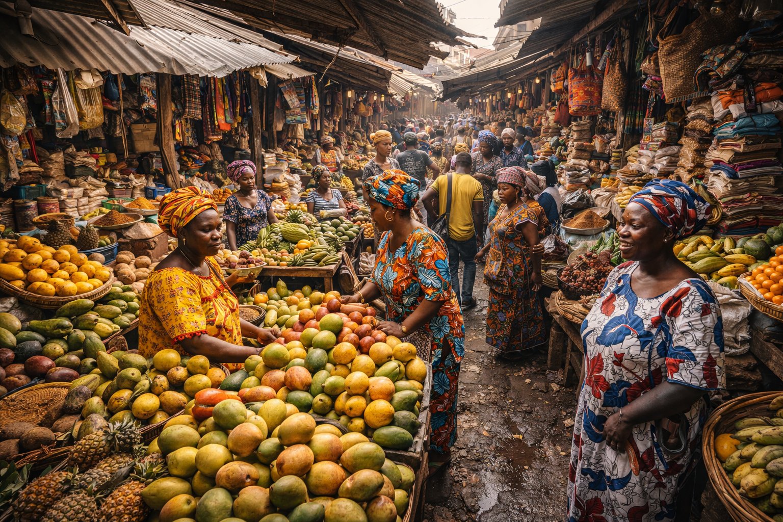 Bustling Marché Madina market in Conakry, Guinea