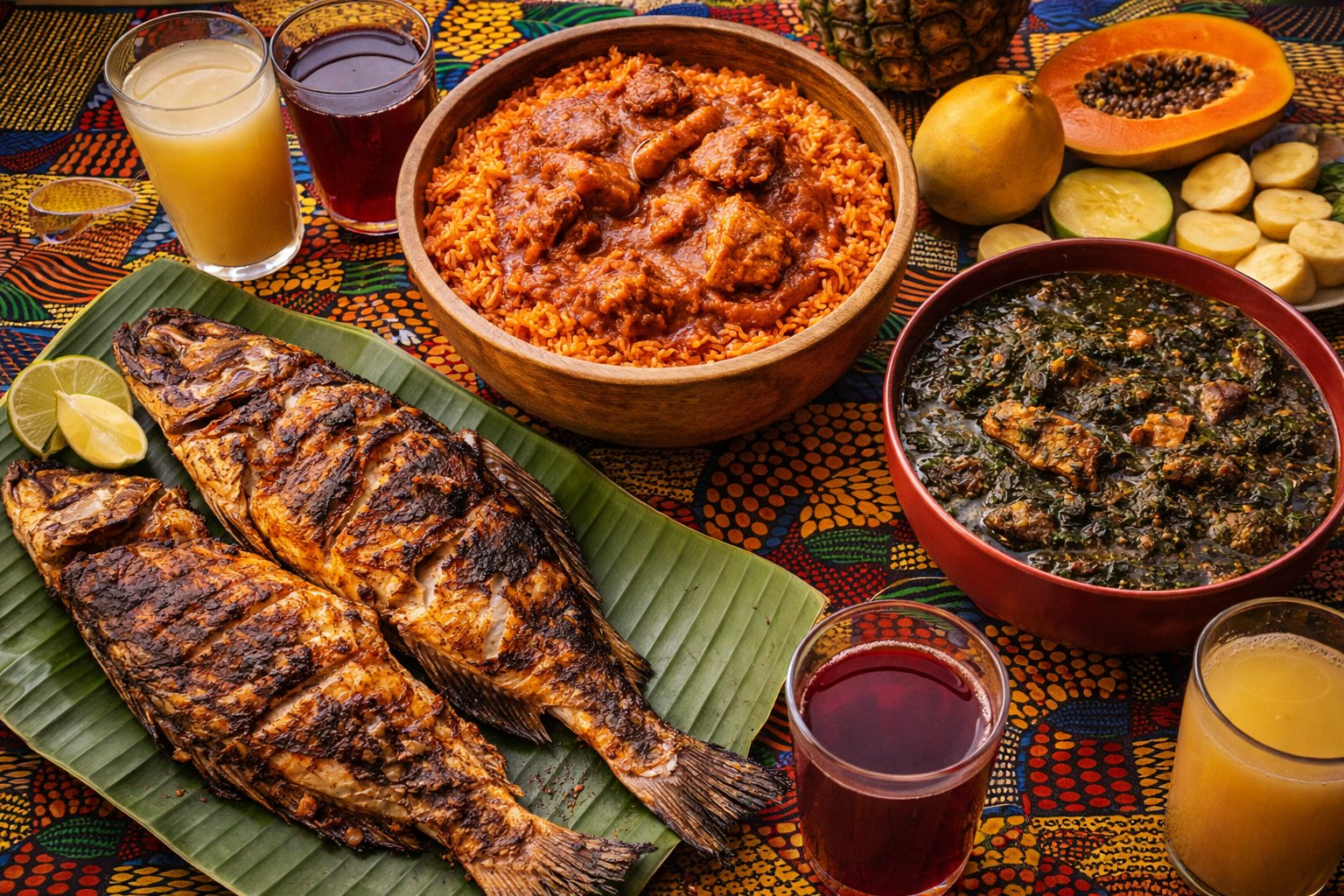 Traditional Guinean feast with riz sauce, grilled fish, and cassava leaves