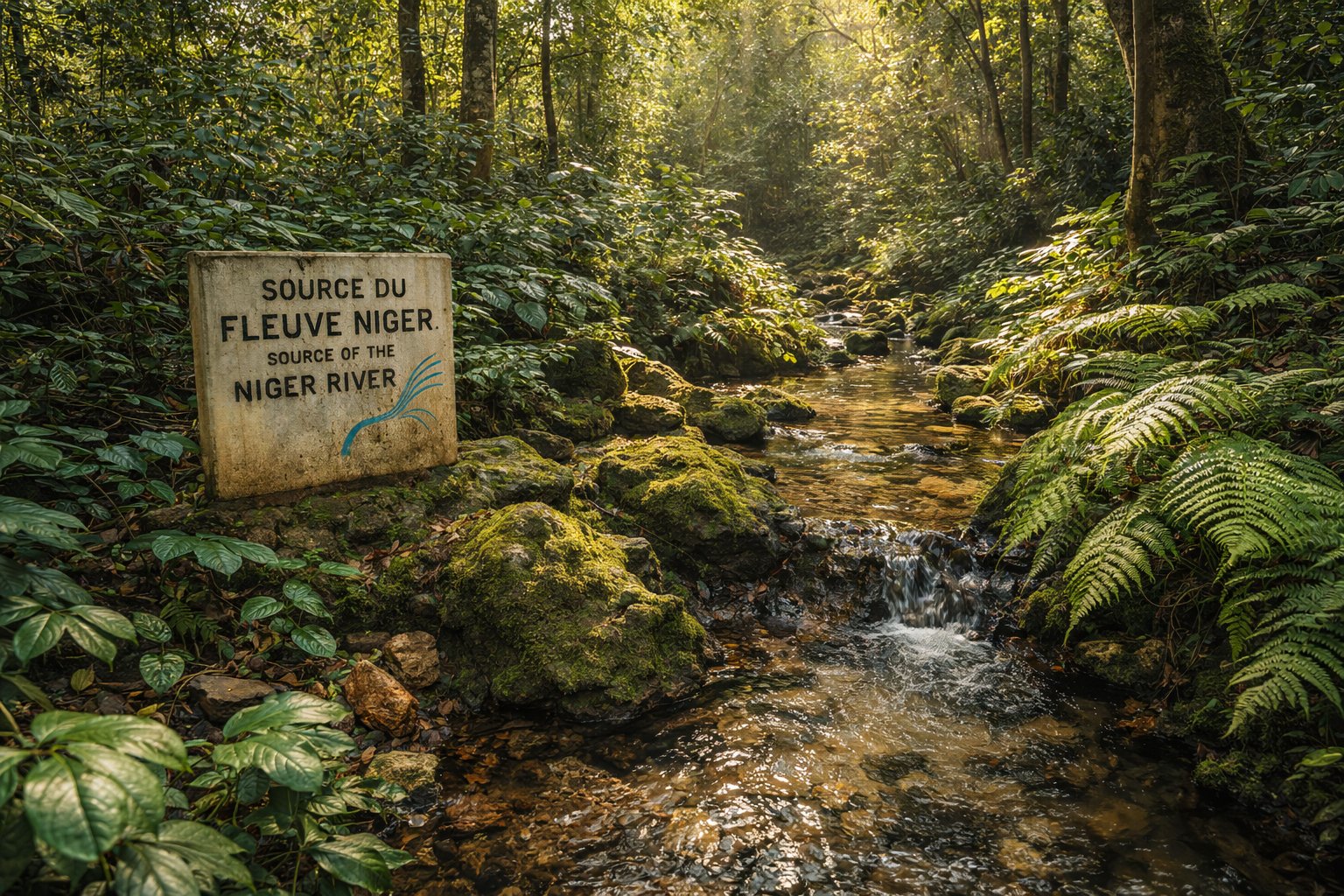 Source of the Niger River in Guinea Highlands with stone marker