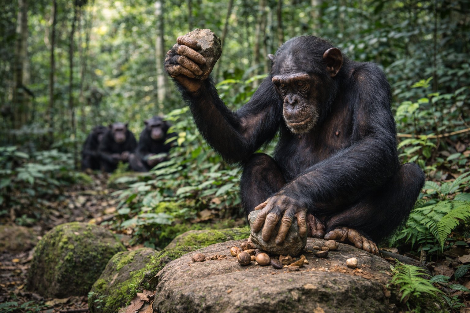 Wild chimpanzee using stone tools to crack nuts at Bossou, Guinea