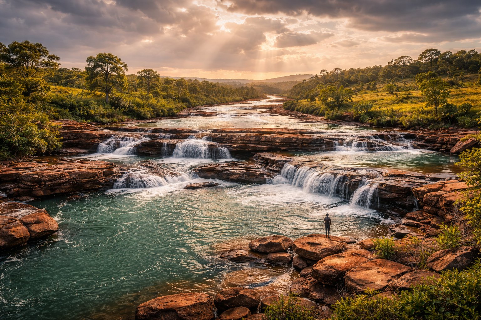 Cascading river over laterite rocks in Guinea's Fouta Djallon highlands