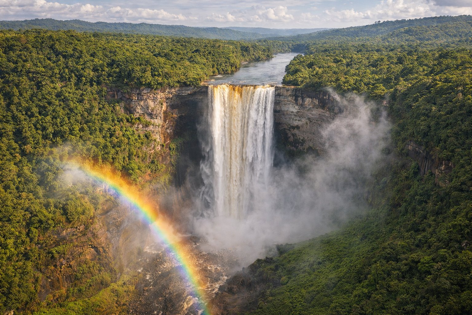 Kaieteur Falls aerial view with mist and rainbow