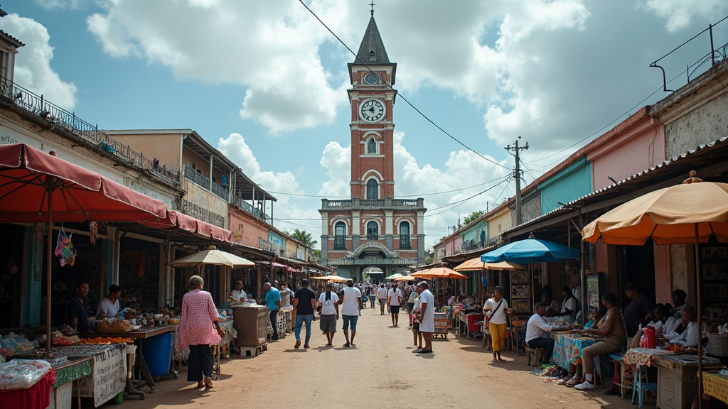 A busy market street of stalls with awnings and umbrellas leading towards a clock tower at the end