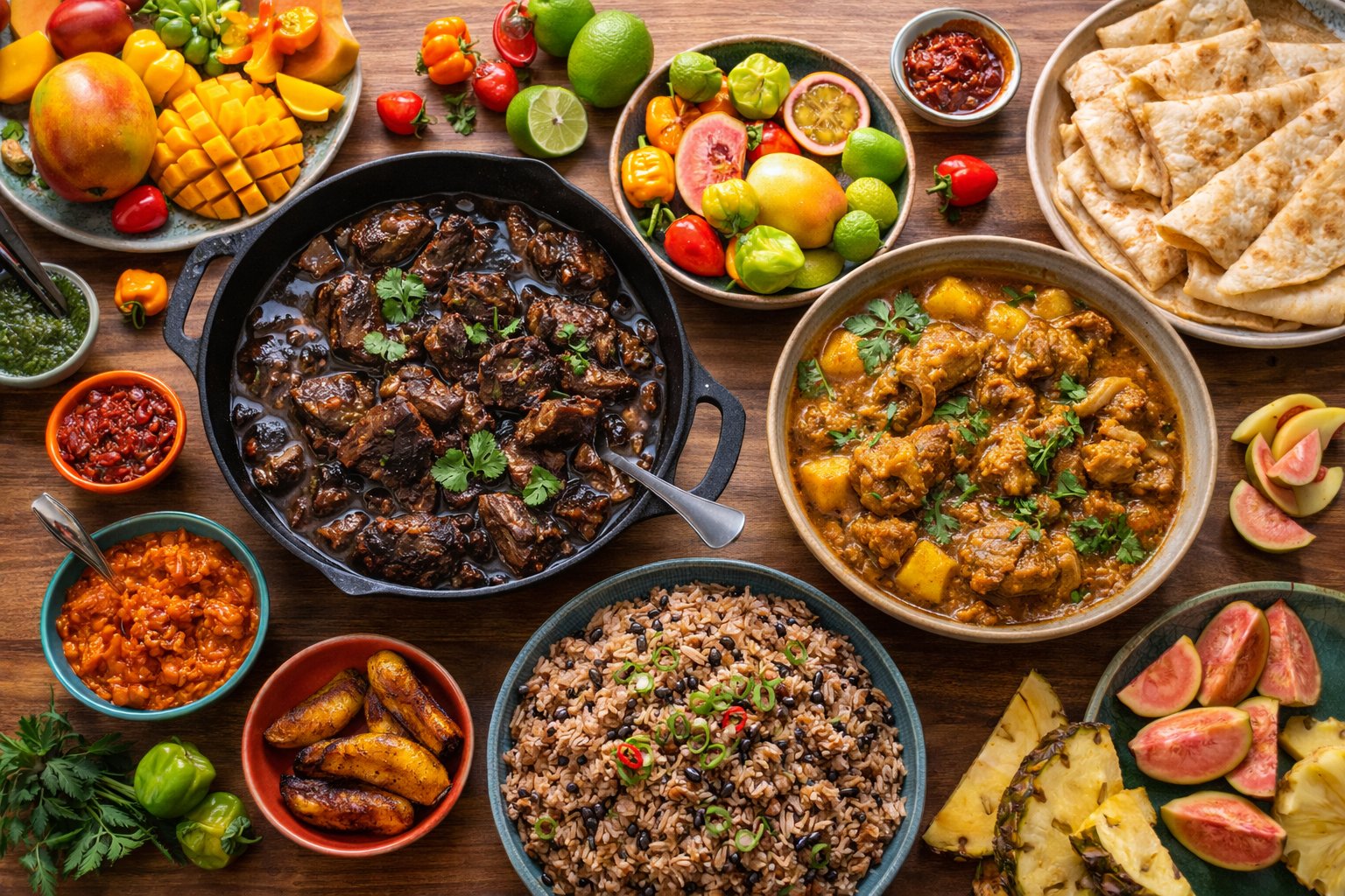 Traditional Guyanese food spread with curry, roti, and pepper pot