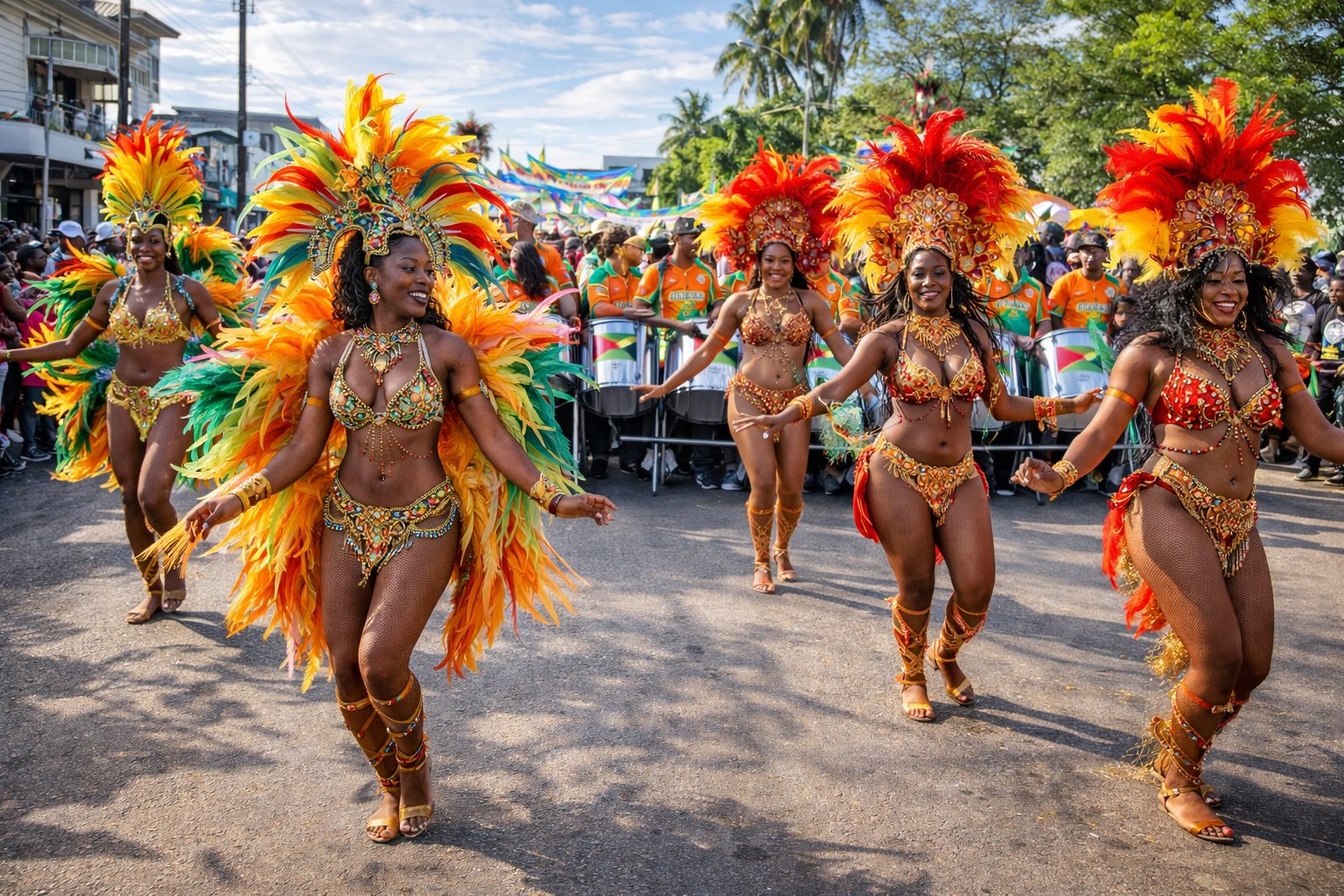 Mashramani Carnival parade in Georgetown with colorful costumes
