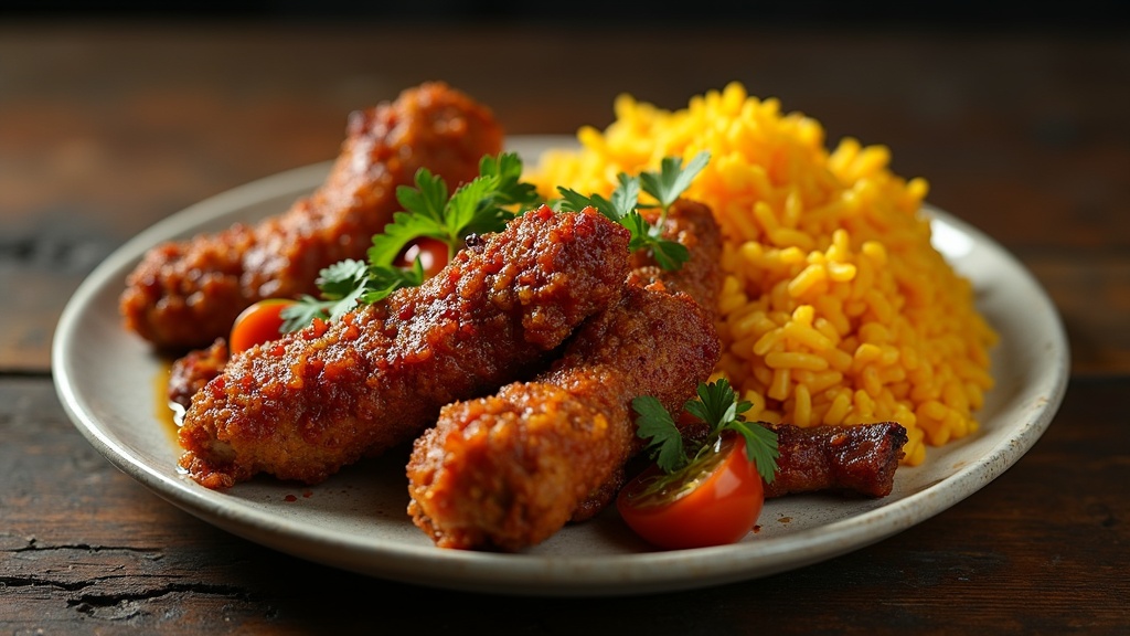 Traditional Haitian food spread with griot and rice