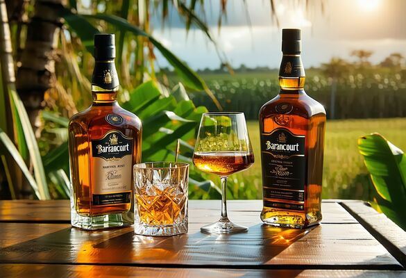 Two bottles of Barbancourt rum with a tumbler and a glass between them, on a wooden table in front of a green cane field at sunset