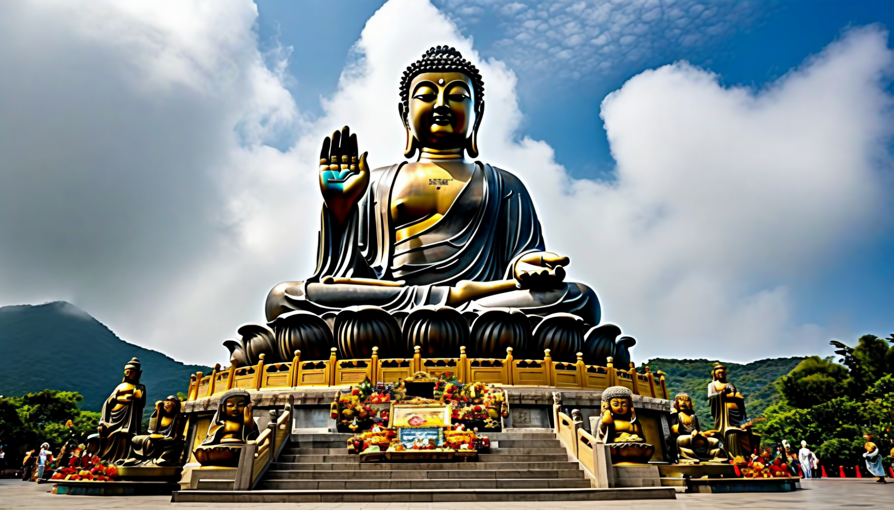 A very large seated bronze Buddha on a lotus throne with one hand raised, on a hilltop platform against clouds, with smaller bronze figures on the steps below