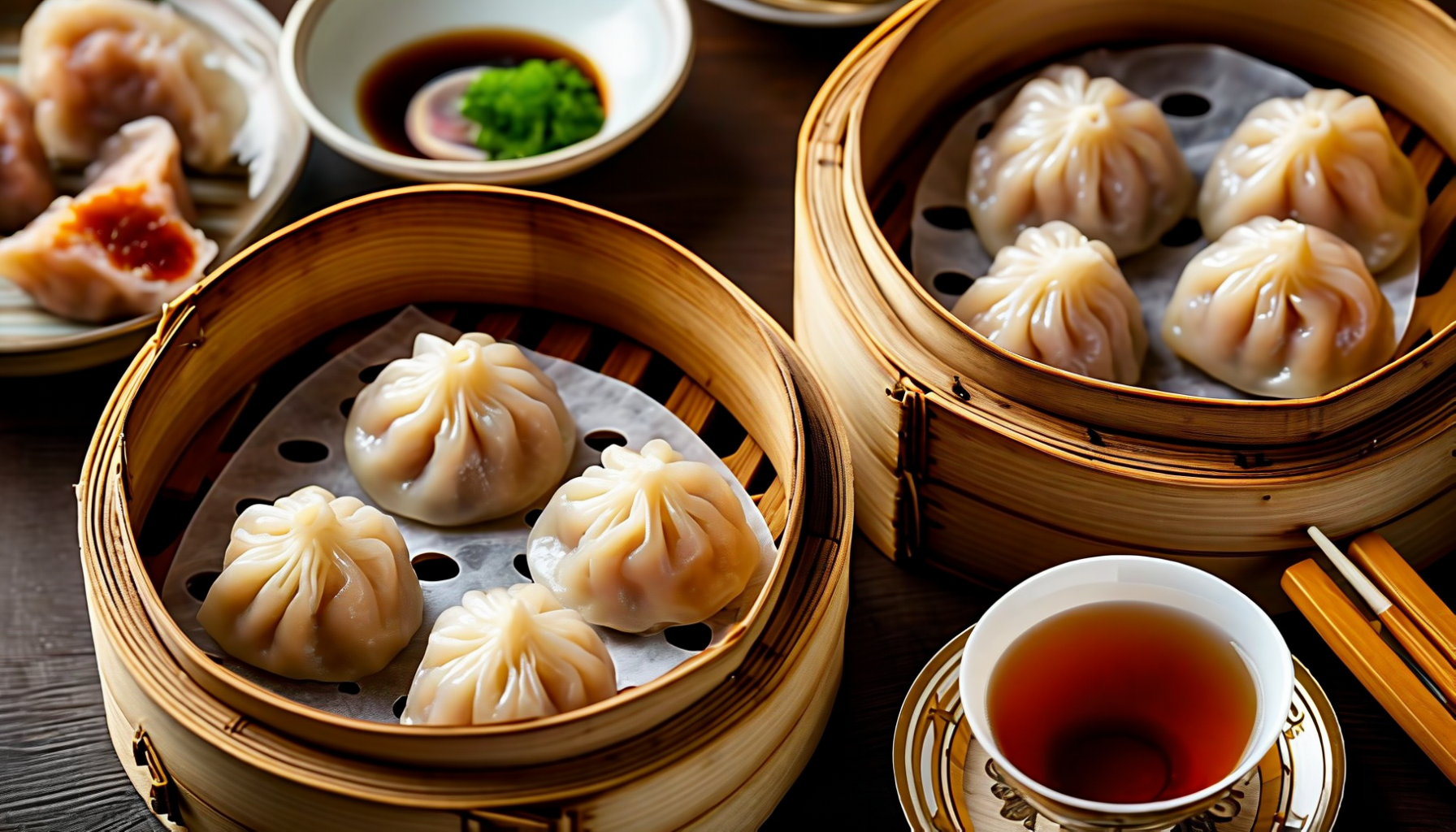 Stacked bamboo steamers holding pleated translucent dumplings, with a dish of dark dipping sauce and a cup of tea beside them