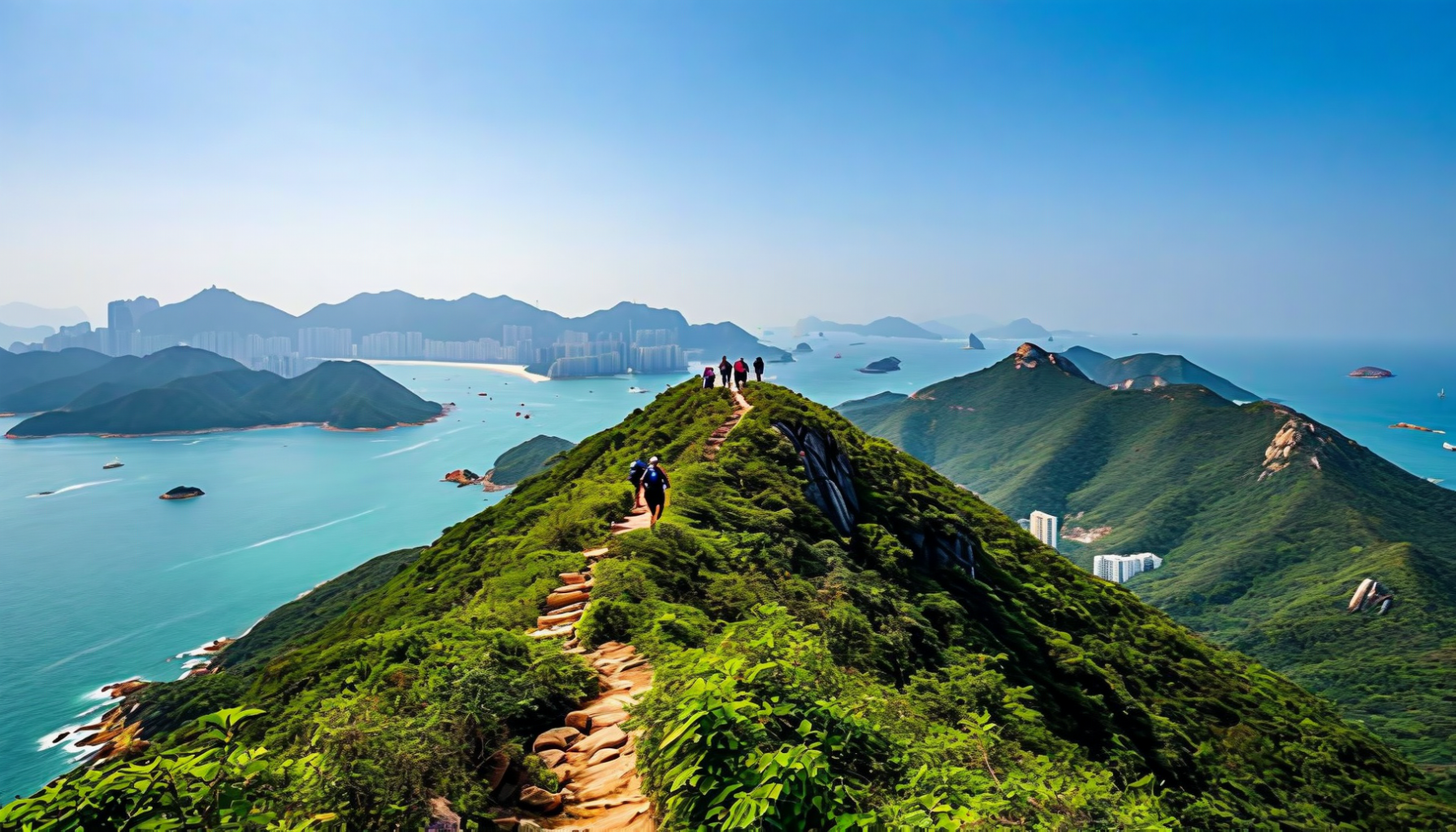 A narrow footpath running along a green ridge with hikers on it, the sea and forested headlands on both sides and a distant skyline on the horizon