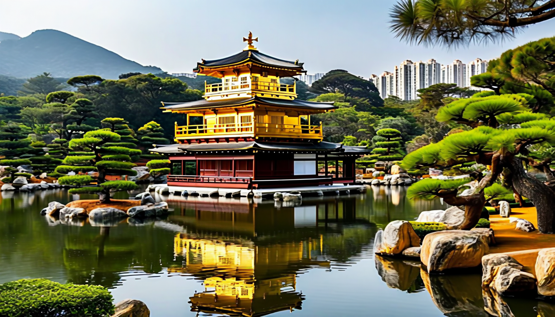 A gilded multi-storey pavilion with dark tiled roofs standing on a pond in a formal garden of shaped pines and rocks, with apartment towers on the hillside behind