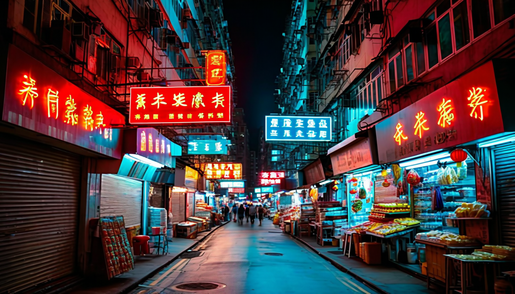 A narrow street at night lined with glowing red and blue neon signs projecting from tenement walls, market stalls under them