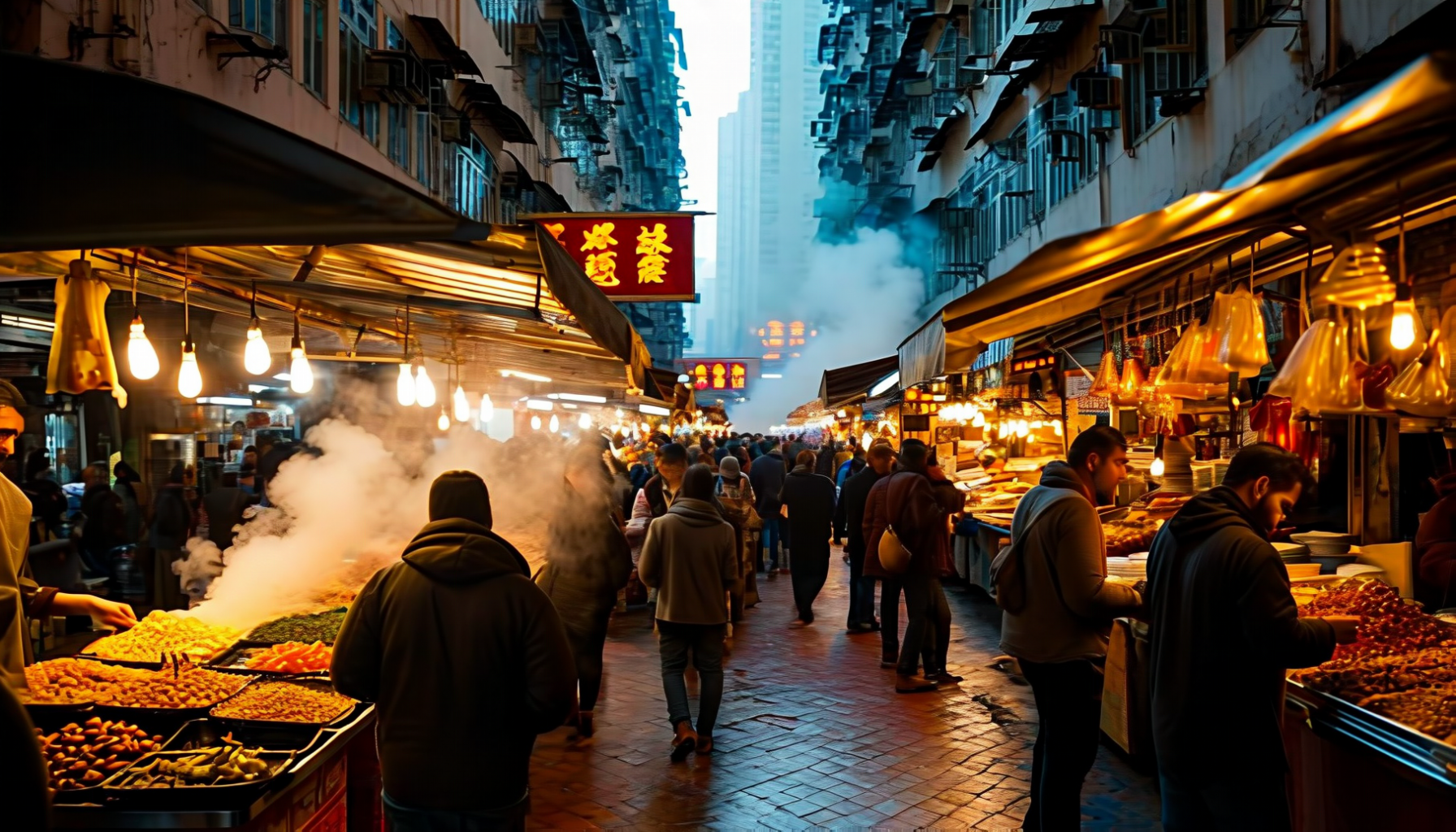 A crowded covered market street at night with food stalls, hanging bulbs, steam rising and a red-and-gold sign overhead, hemmed in by tenement blocks