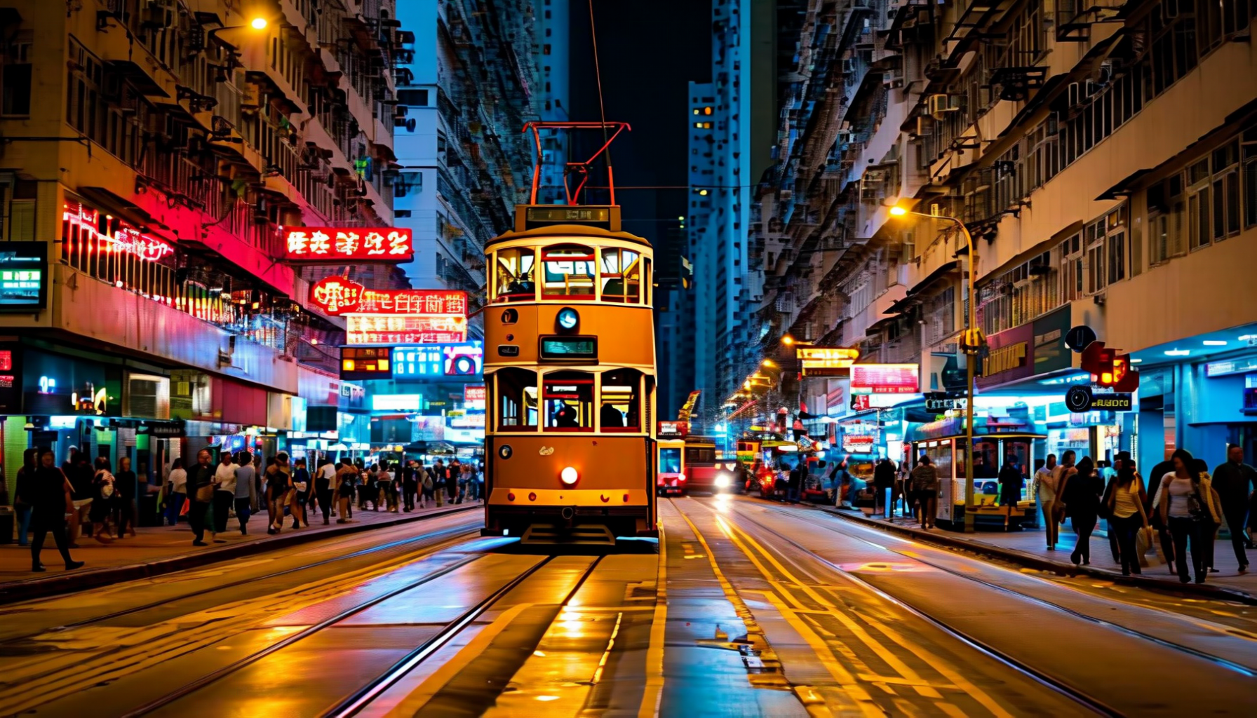 A narrow cream-and-brown double-decker tram on rails in a canyon of tenements lit by neon signs at night, with pedestrians on both pavements