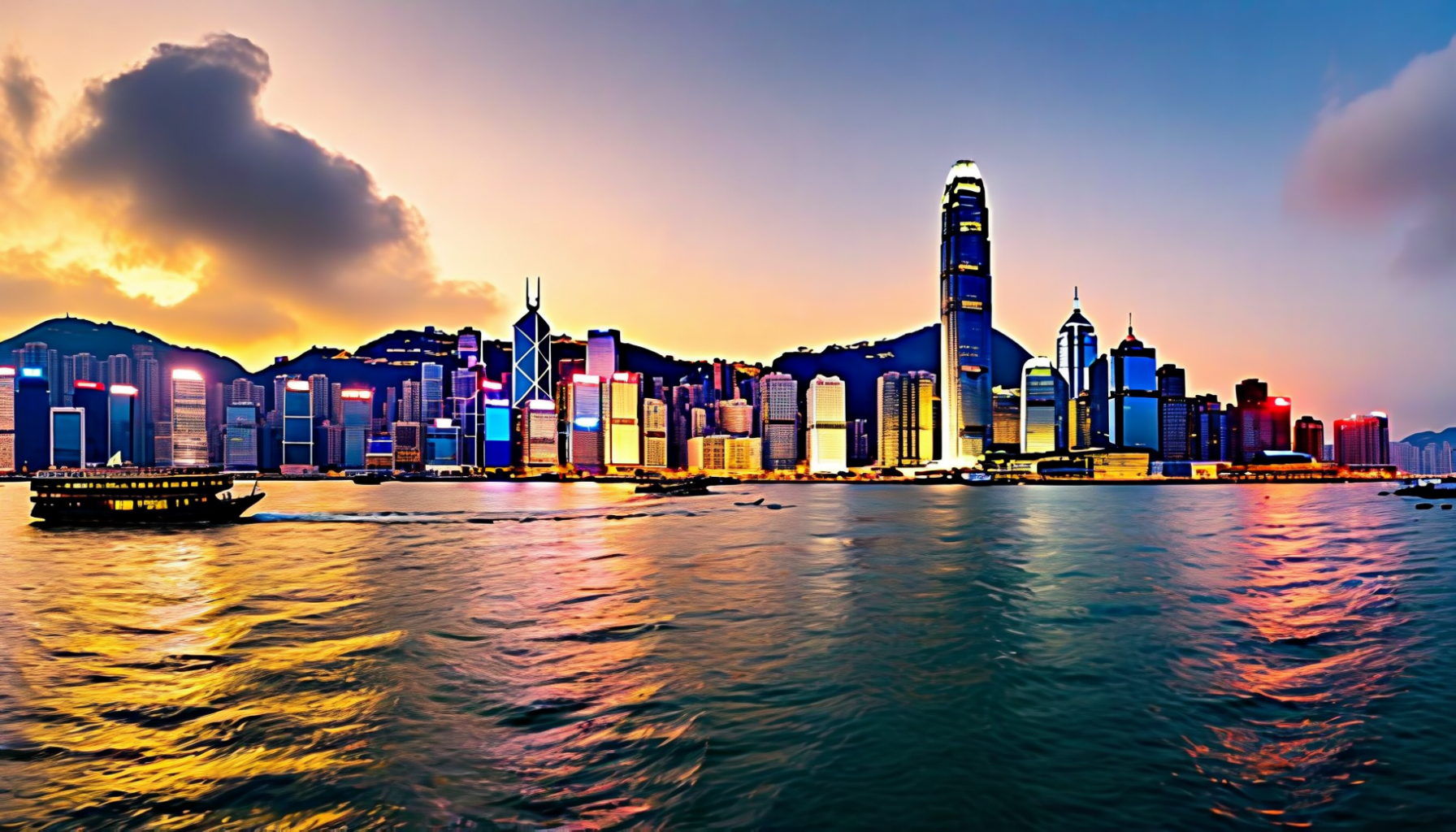 A dense skyline of towers along a waterfront at sunset with mountains behind and a green-and-white ferry crossing the foreground