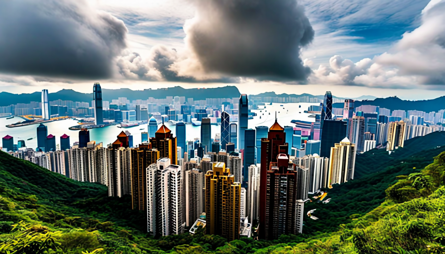 A view down over dense high-rise towers on a steep green hillside, with a harbour, a further wall of towers beyond and mountains on the horizon