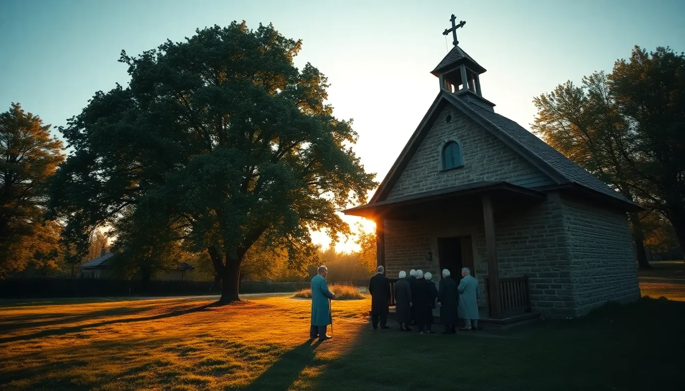 Lykhny Village - ancient church with elders gathering under sacred linden tree
