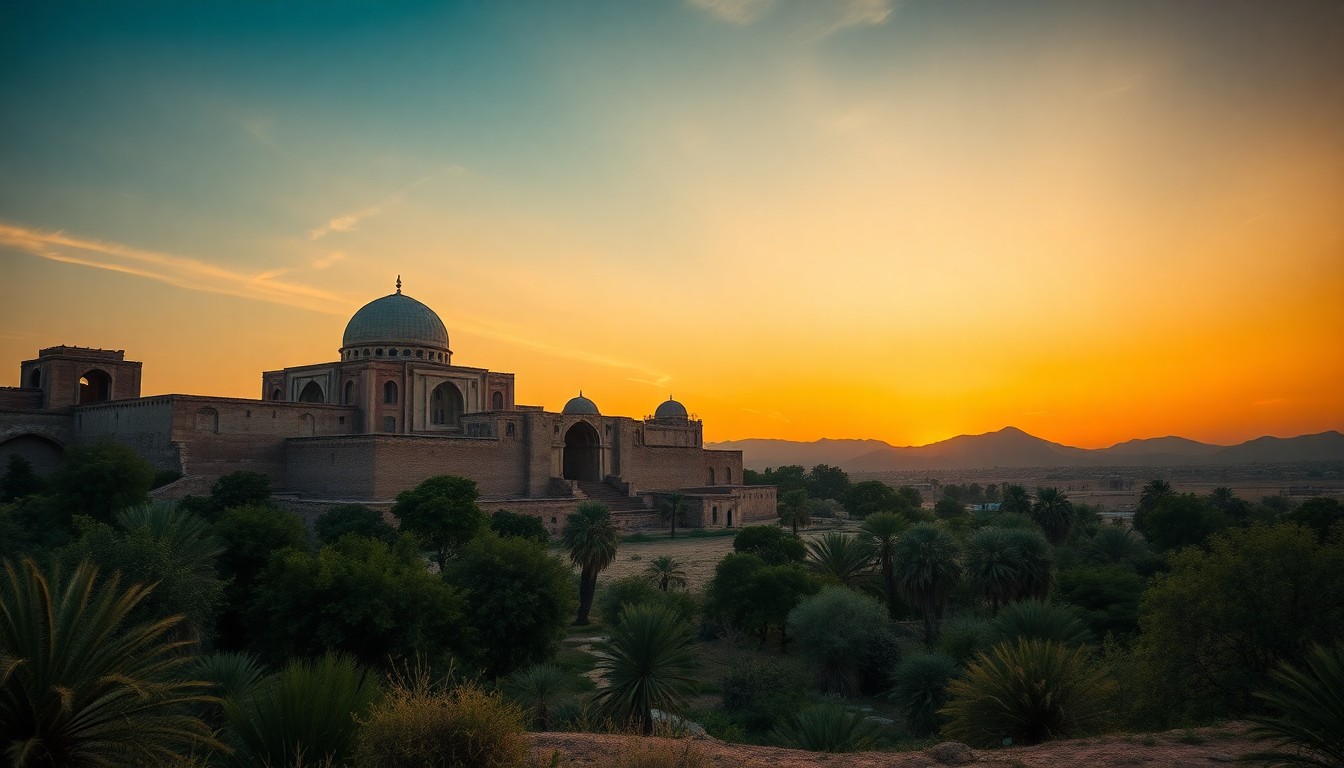 A large domed brick complex on a low rise above palm groves at sunset, with a distant mountain range on the horizon